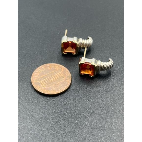 Signed Orange Citrine Sterling Silver 925, 14K yellow Gold Accent Shrimp Earring - Picture 2 of 14